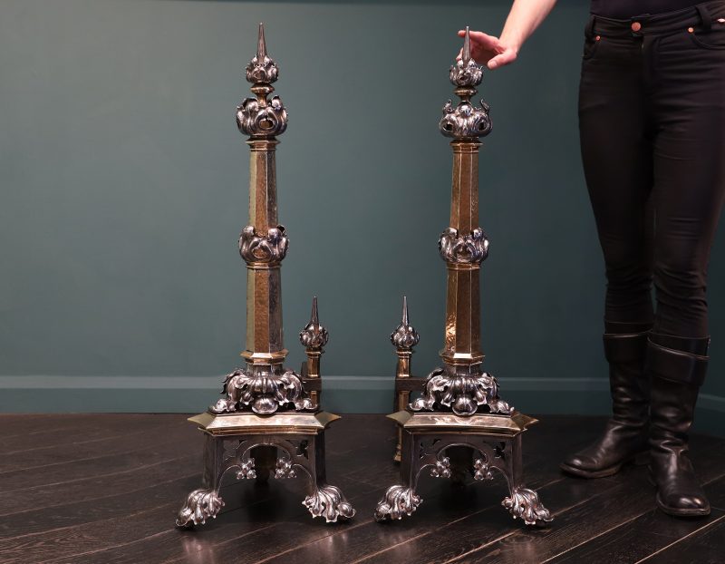 Repousse & Bronze Fireplace Andirons in the early Neo-Gothic manner of A W N Pugin