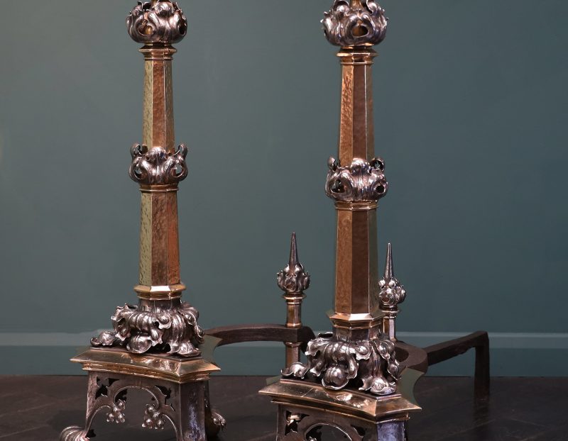 Repousse & Bronze Fireplace Andirons in the early Neo-Gothic manner of A W N Pugin