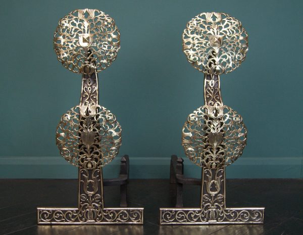 A Large Pair of English Foliated Fireplace Andirons