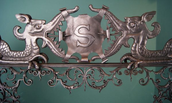 Fine Wrought & Glass Fire Screen with Dragons