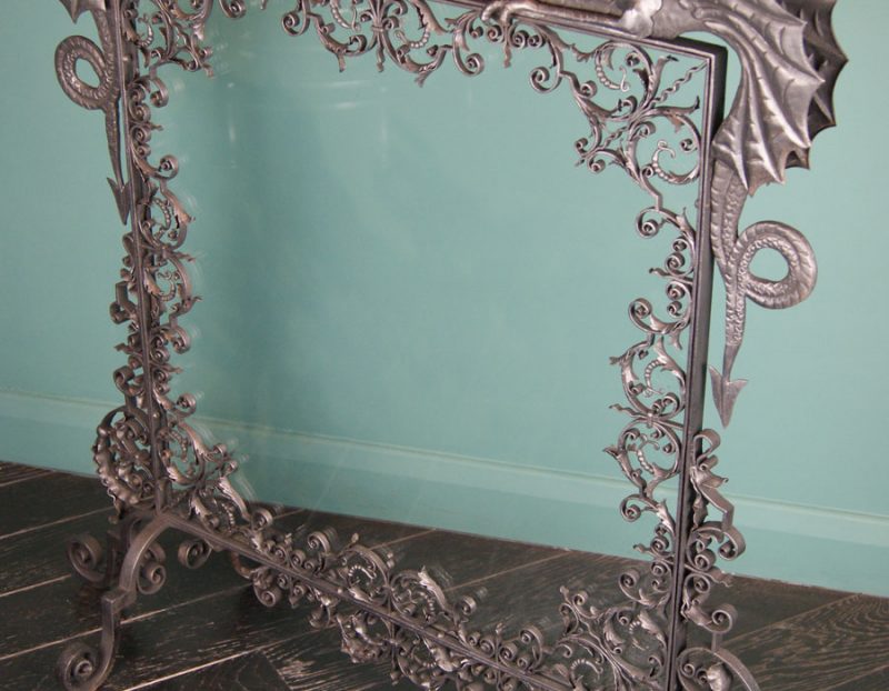 Fine Wrought & Glass Fire Screen with Dragons