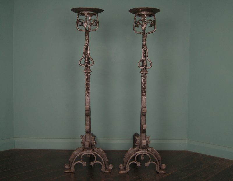 A Pair of Monumental Neo-Gothic Wrought-Iron Fireplace Andirons Fire Dogs