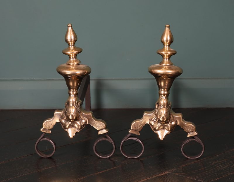 A Pair of 18th Century Dutch Brass & Wrought Andirons