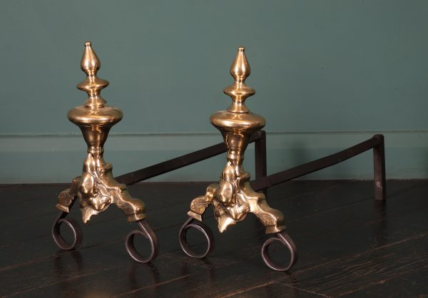 A Pair of 18th Century Dutch Brass & Wrought Andirons
