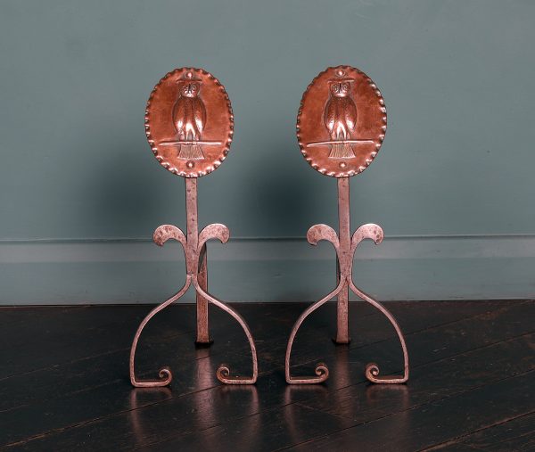 A Pair of Arts & Crafts Bronze & Wrought Owl Andiron Rests (Reserved)