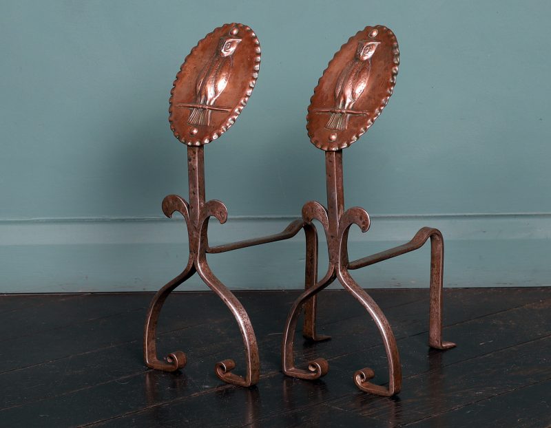 A Pair of Arts & Crafts Bronze & Wrought Owl Andiron Rests (Reserved)