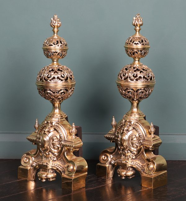 A Pair of 19th Century Ornate Brass Andirons