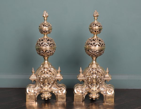 A Pair of 19th Century Ornate Brass Andirons