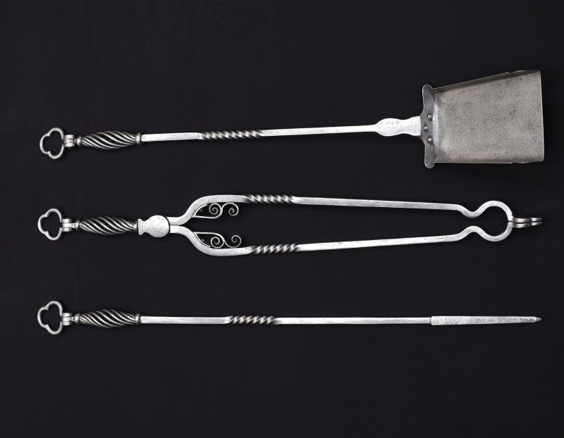 A Fine Set of Polished Wrought-Iron Fire Tools with Clover Leaf