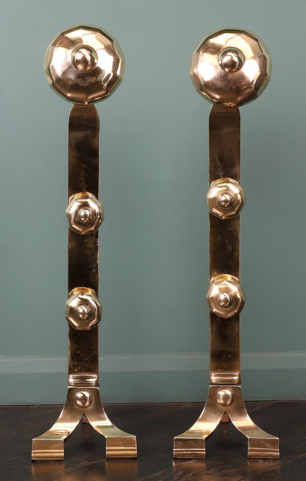 A Tall Pair of Brass Arts & Crafts Andirons Fire Dogs