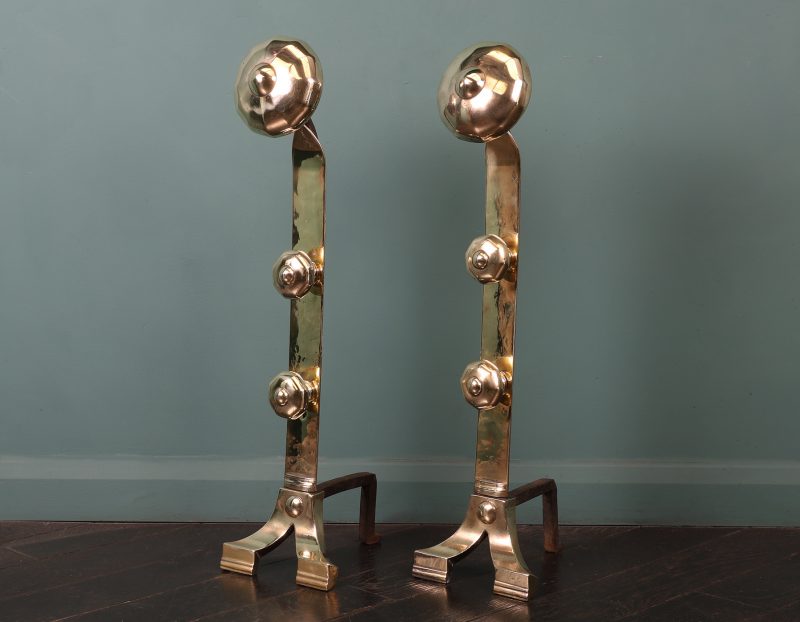 A Tall Pair of Brass Arts & Crafts Andirons Fire Dogs