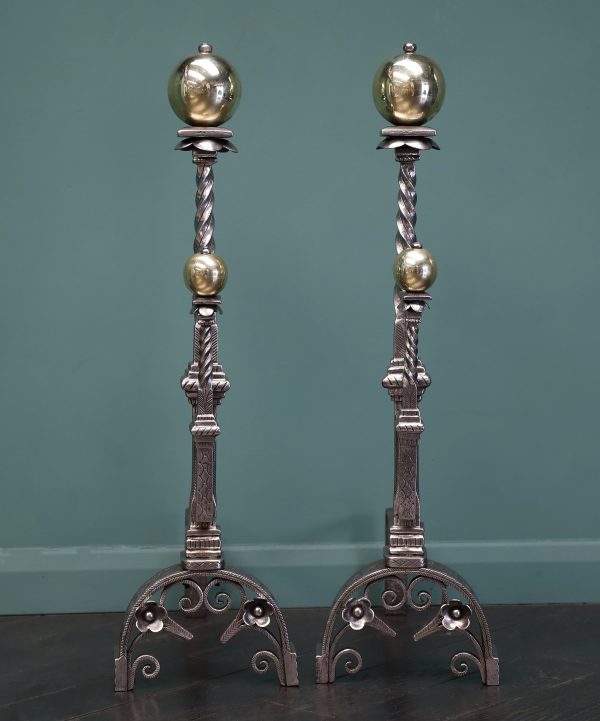 Magnificent Pair of Italian Polished Brass & Wrought Fire Dogs Andirons
