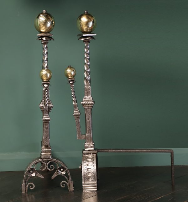 Magnificent Pair of Italian Polished Brass & Wrought Fire Dogs Andirons