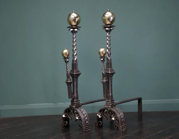 Magnificent Pair of Italian Polished Brass & Wrought Fire Dogs Andirons