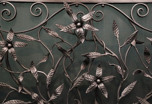 Ornate Wrought Fire Screen with Scrollwork & Wild Flowers