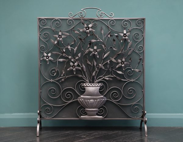 Ornate Wrought Fire Screen with Scrollwork & Wild Flowers