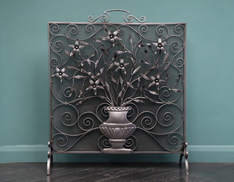 Ornate Wrought Fire Screen with Scrollwork & Wild Flowers
