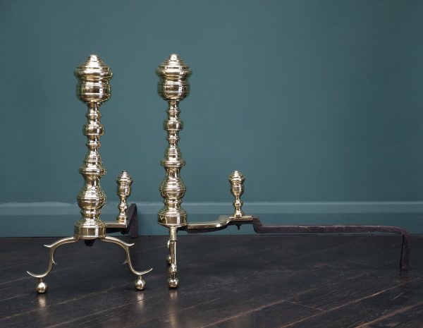 American Empire Brass & Wrought-Iron Andirons Fire Dogs Circa 1830