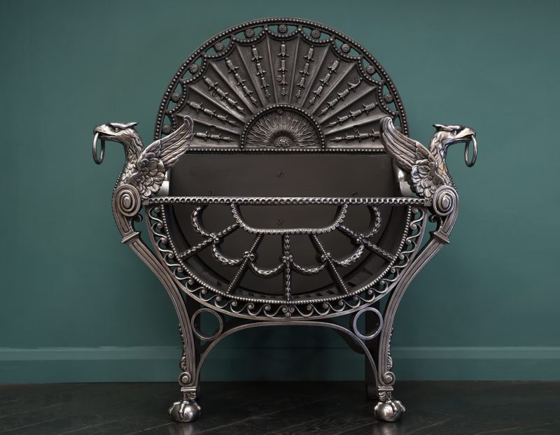 A Magnificent English Polished Wrought & Cast-Iron Fire Grate with Eagles