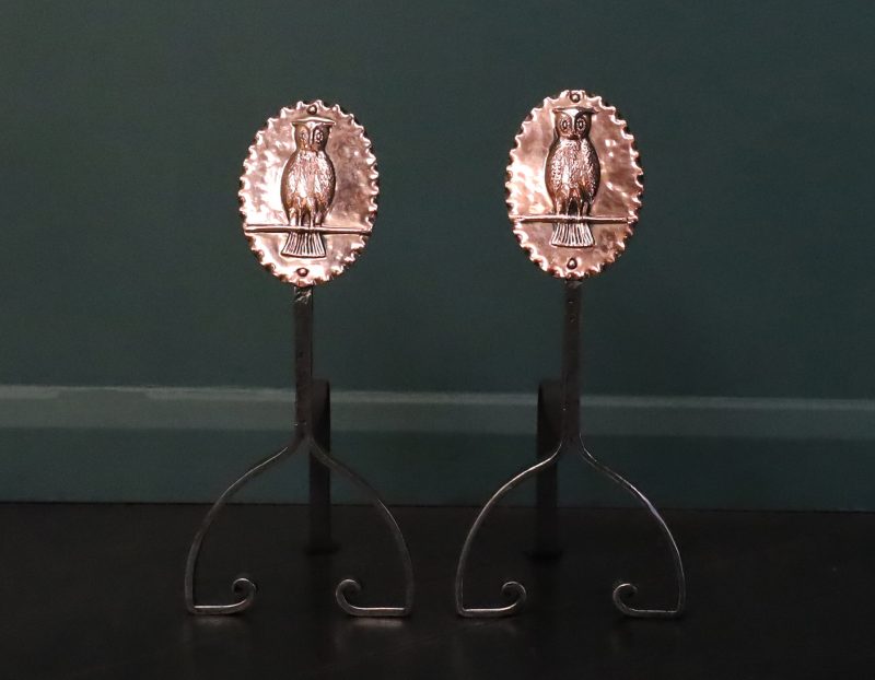 A Pair of Arts & Crafts Bronze & Wrought Owl Andirons