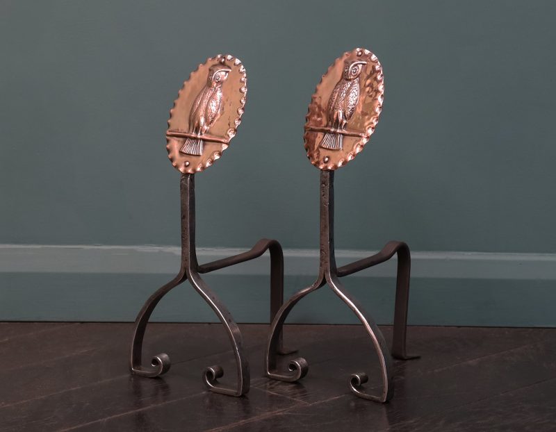 A Pair of Arts & Crafts Bronze & Wrought Owl Andirons