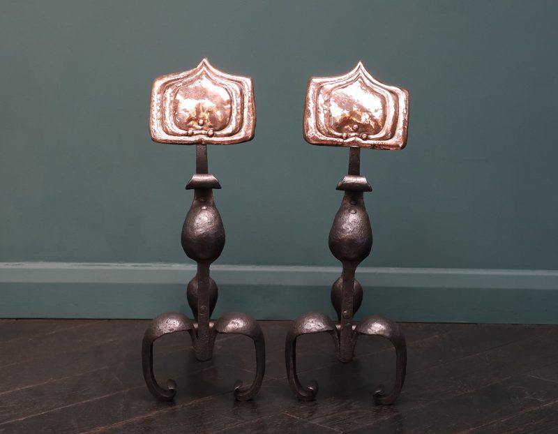 A Pair of Arts & Crafts Wrought-Iron & Copper Fire Dogs