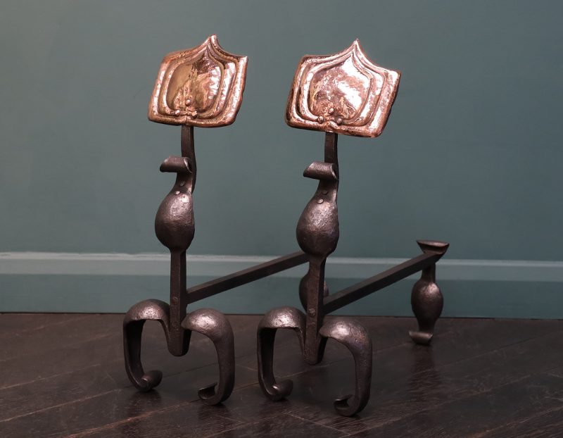 A Pair of Arts & Crafts Wrought-Iron & Copper Fire Dogs