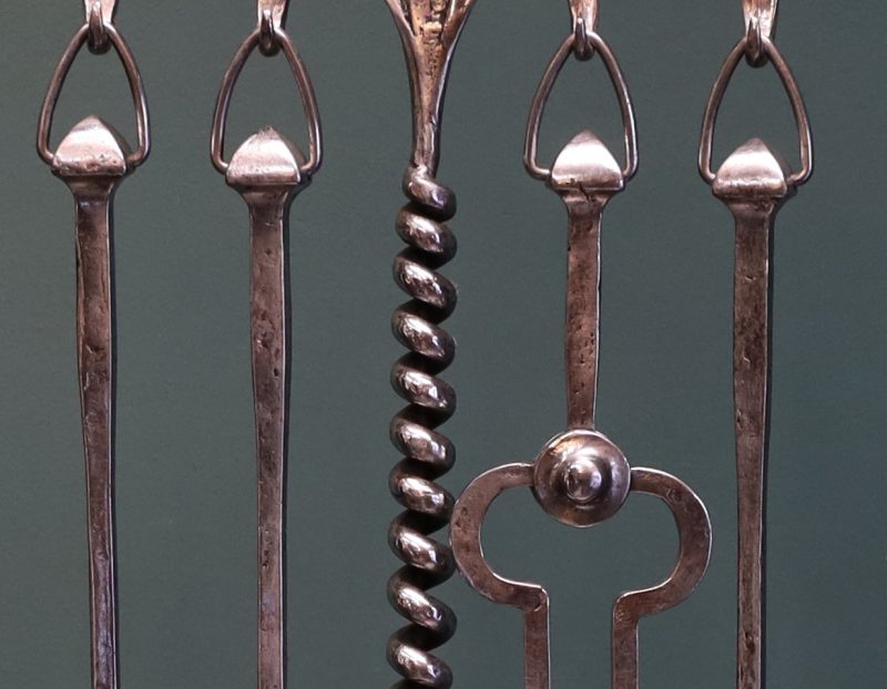 A Set of Aesthetic Movement Wrought Fire Tools and Stand