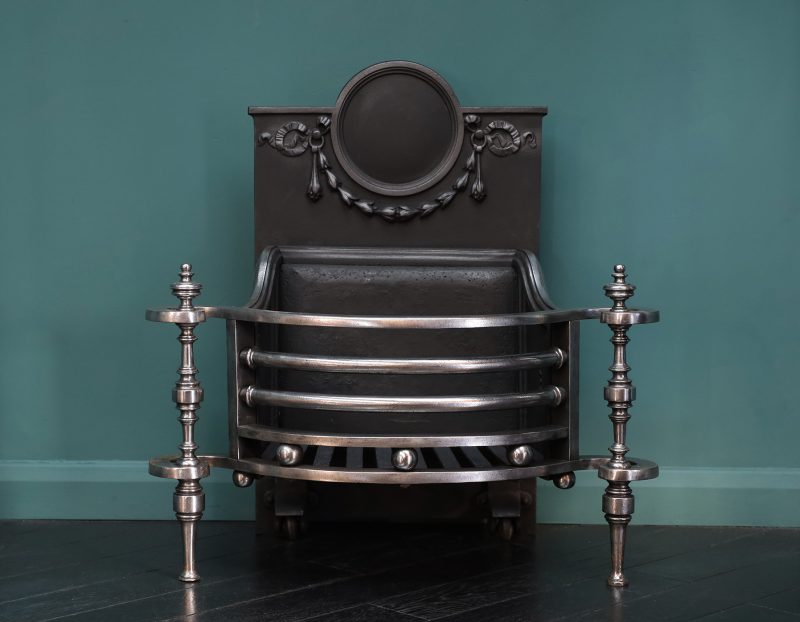 English Late 19th Century Polished Wrought Fire Basket in the Regency Form