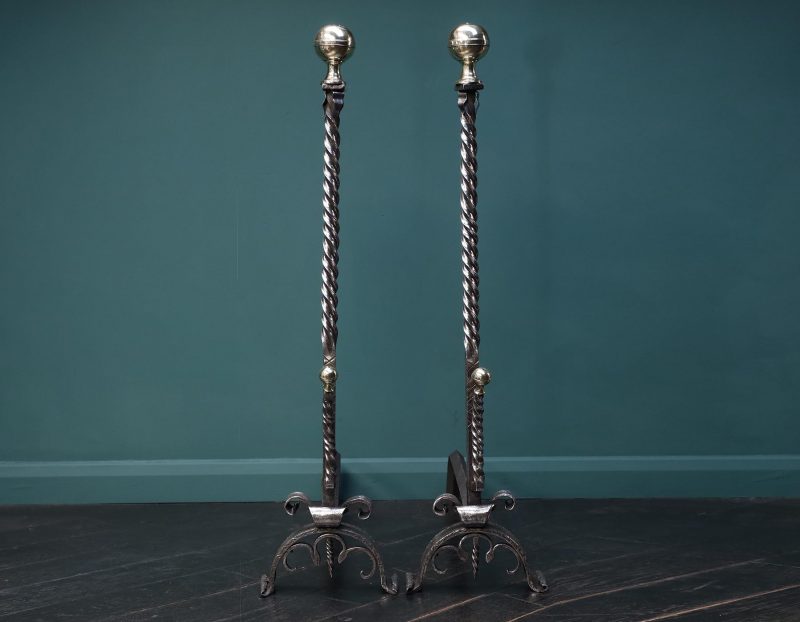 A Pair of Tall Elegant Italian Wrought & Brass Andirons