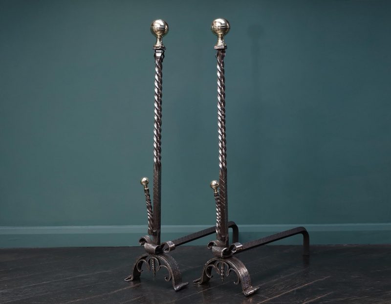 A Pair of Tall Elegant Italian Wrought & Brass Andirons