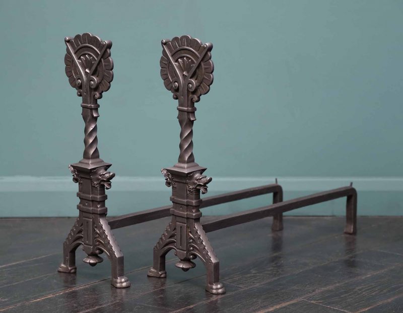 A Pair of Aesthetic Movement Cast-Iron & Wrought Fire Dogs Andirons Attributed to Christopher Dresser