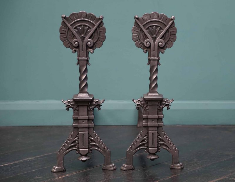 A Pair of Aesthetic Movement Cast-Iron & Wrought Fire Dogs Andirons Attributed to Christopher Dresser